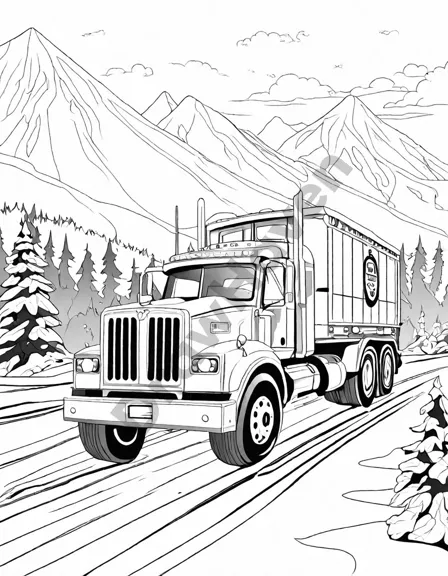 Coloring book image of ice road truckers navigating the frozen path with auroras in the background in black and white