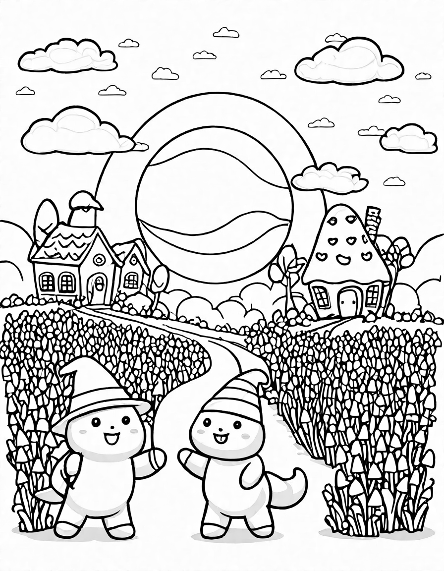 coloring book image of a vast candy corn field under a pink and orange sky, with children and whimsical creatures in black and white