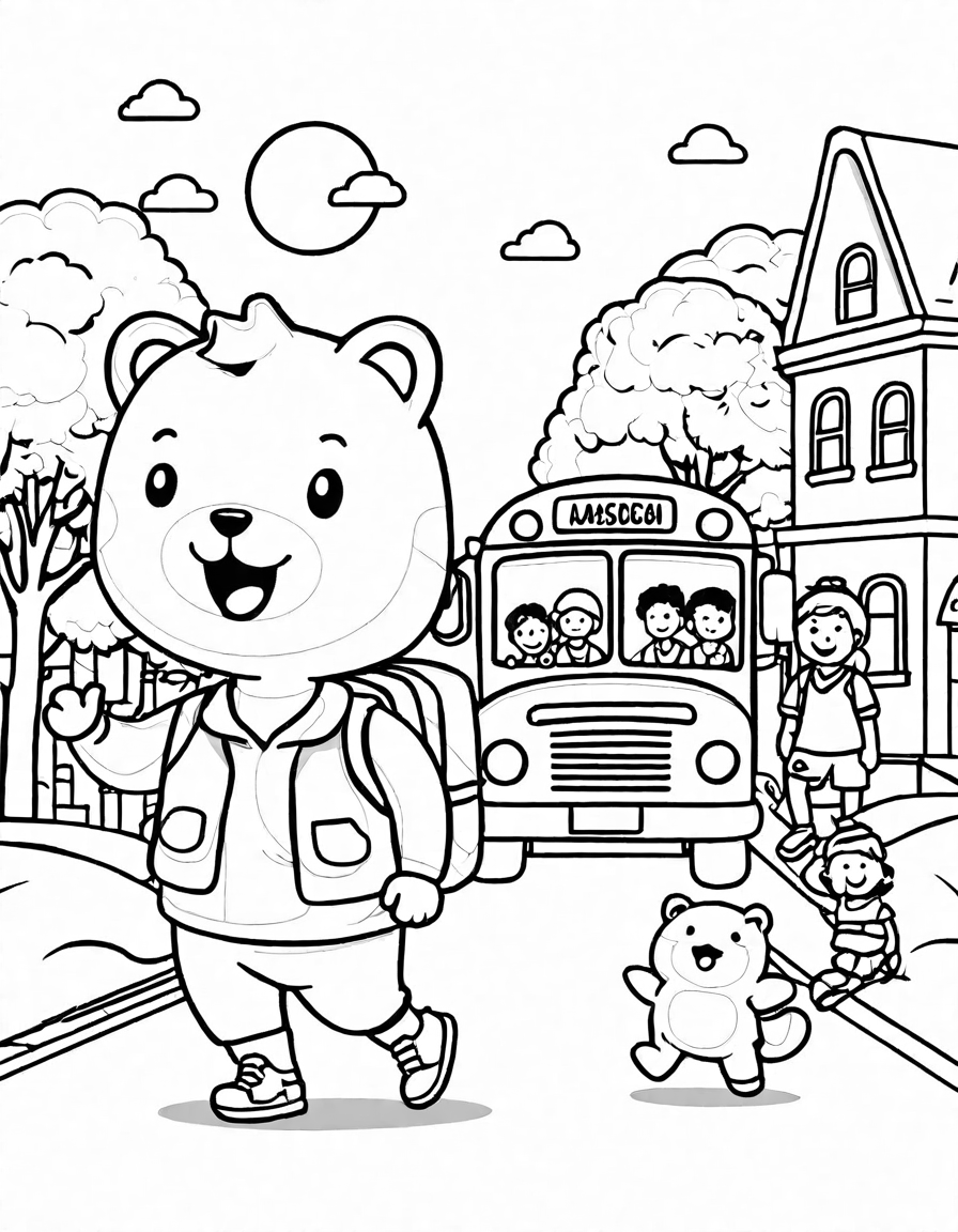 coloring book page of a school bus journey with students and changing scenery in black and white