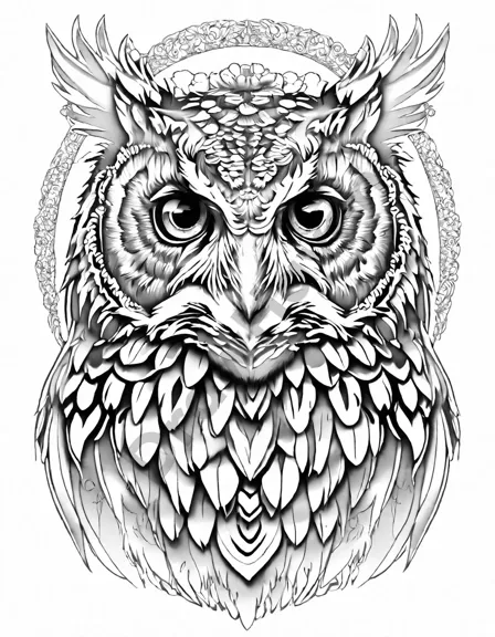 owl coloring page with intricate feather patterns, keen eyes shimmering with wisdom under moonlight in black and white