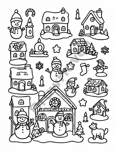 whimsical advent calendar coloring page with 24 festive windows awaiting to be colored in black and white