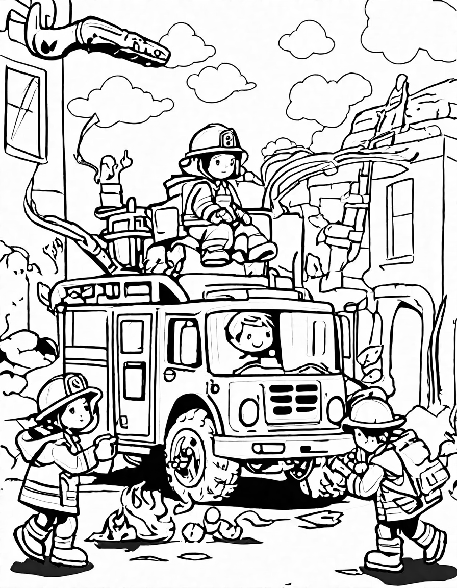 firefighters in gear battling a blaze in a coloring book scene, with fire truck and smoke in black and white