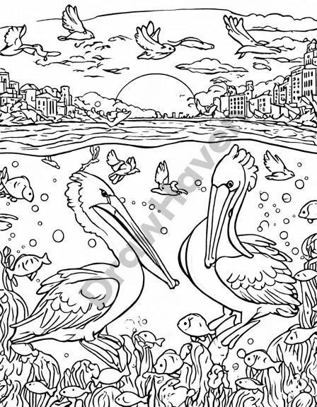 Coloring book image of group of pelicans diving into the sea against a sunset, showcasing dynamic wildlife in black and white