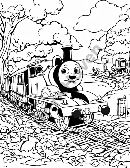 Coloring book image of edward the blue engine pulling the gordon express through a lush landscape in black and white