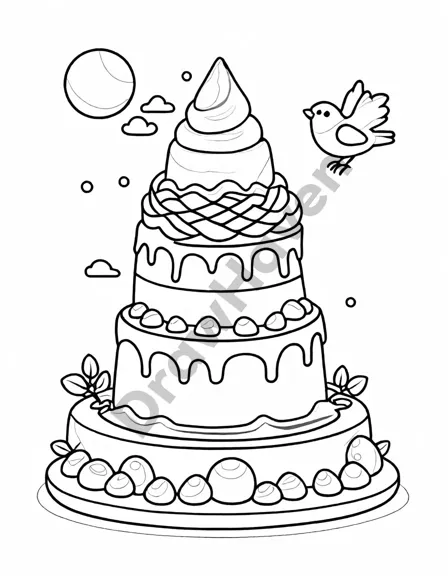 Coloring book image of fudge volcano in candy land with molten chocolate lava and caramel birds flying above in black and white