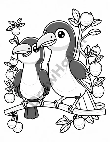 Coloring book image of majestic toucans with orange beaks on a fruit-laden rainforest tree in black and white