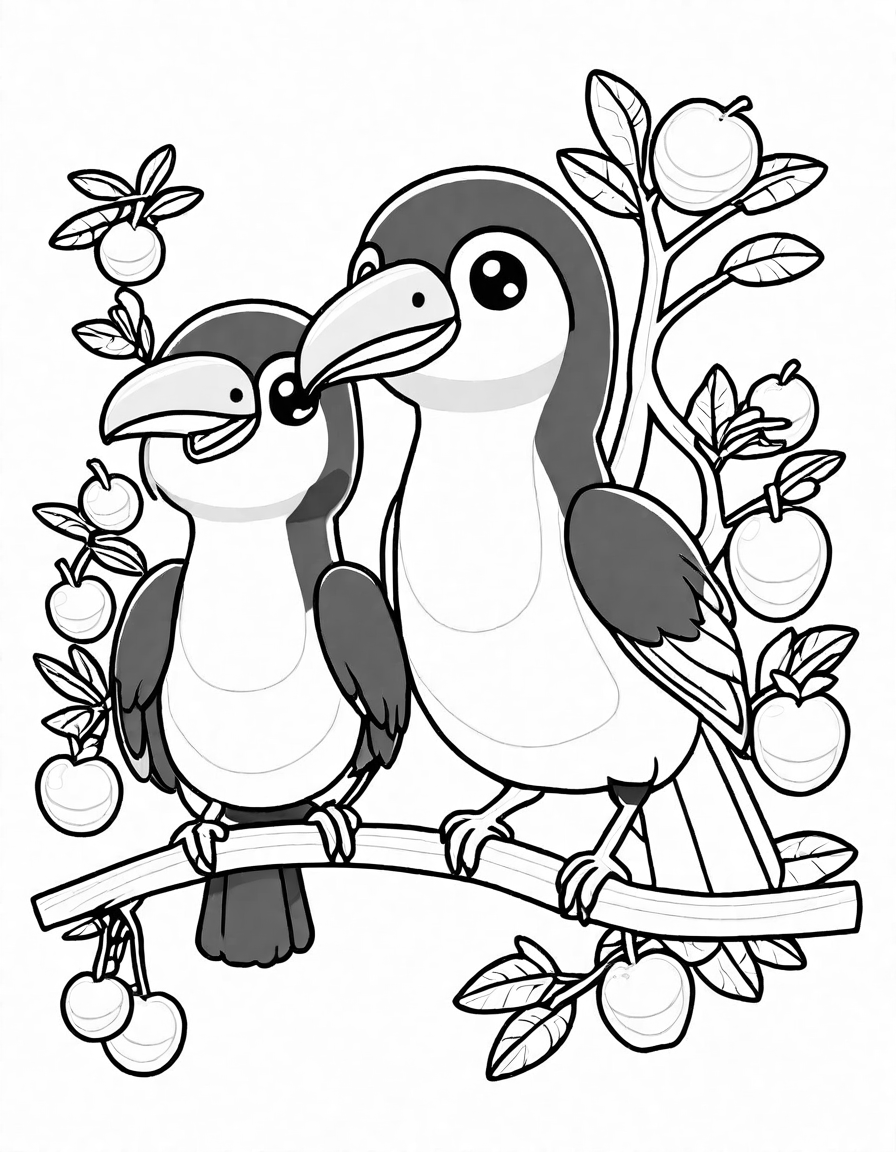 Coloring book image of majestic toucans with orange beaks on a fruit-laden rainforest tree in black and white