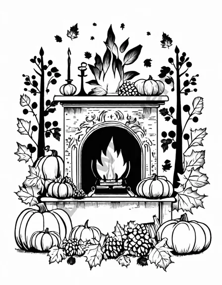 Coloring book image of family gathering around fireplace toasting marshmallows, with thanksgiving decorations in black and white