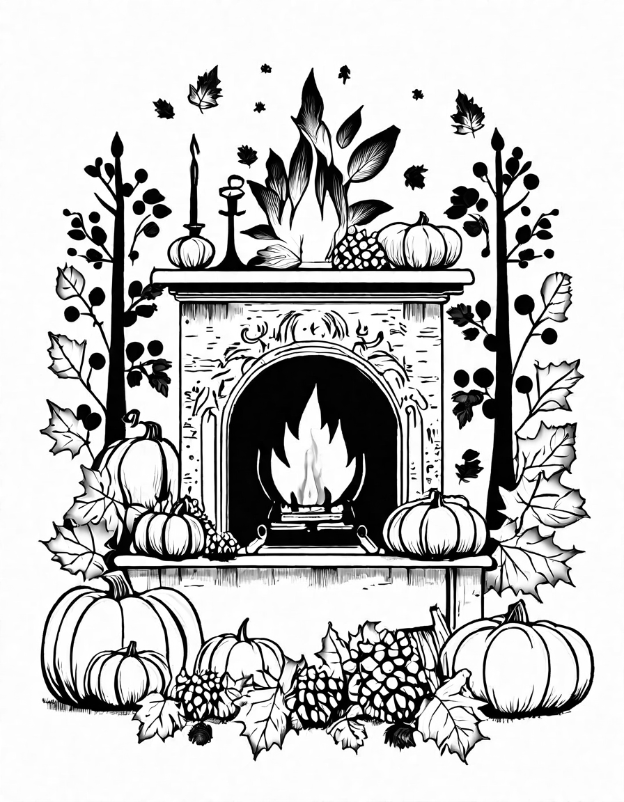 Coloring book image of family gathering around fireplace toasting marshmallows, with thanksgiving decorations in black and white