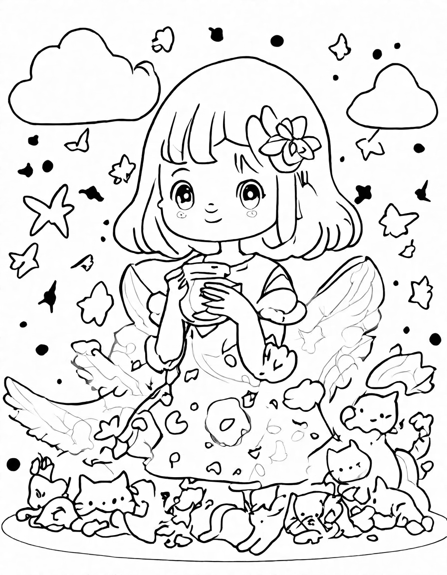enchanting fairy perched on crescent moon, capturing moonbeams in crystal flask surrounded by stars and swirled clouds. perfect for coloring in black and white