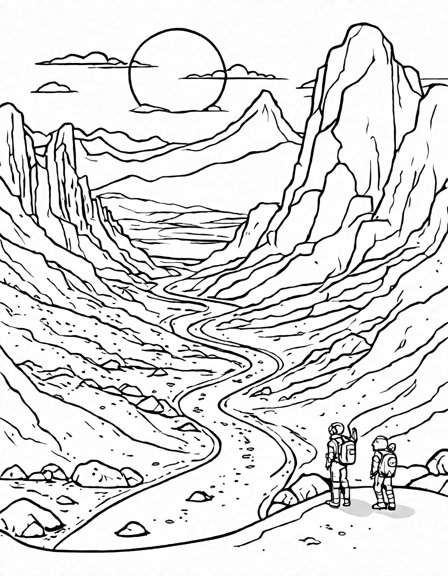 coloring page featuring the vast red landscapes, mountains, canyons, craters, and valleys of the planet mars in black and white