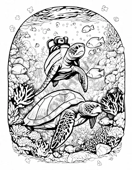 underwater coloring page with sunken treasure chest, vibrant coral reefs, sea creatures, and gold coins in black and white
