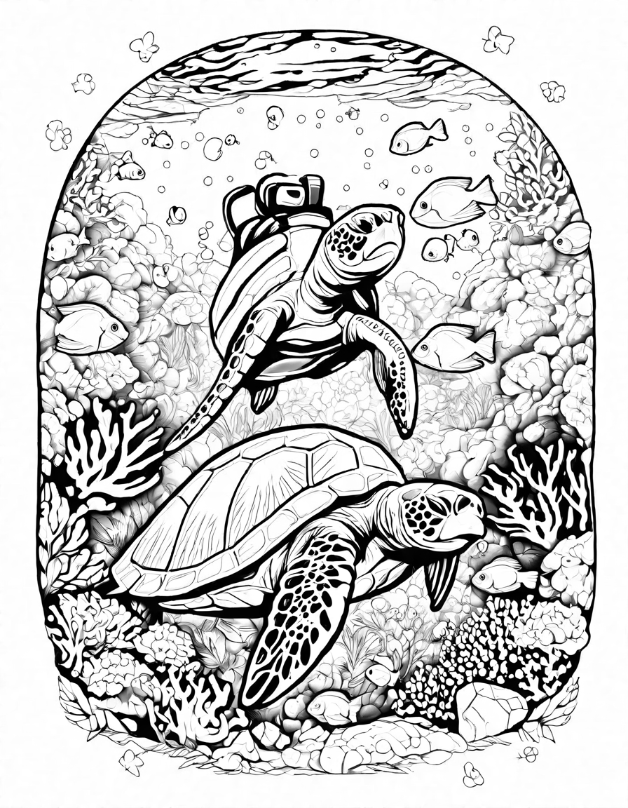 underwater coloring page with sunken treasure chest, vibrant coral reefs, sea creatures, and gold coins in black and white