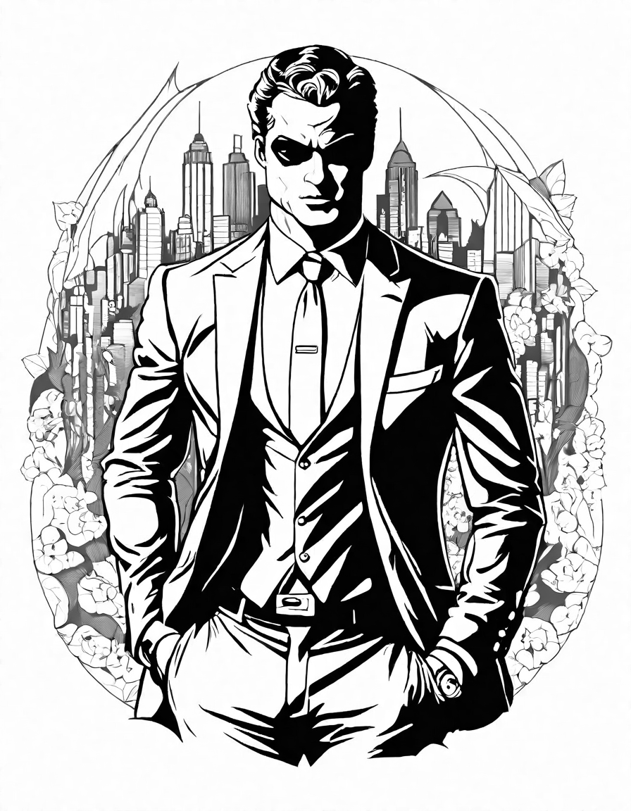coloring book page showcasing bruce wayne's transformation into batman in black and white