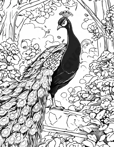Coloring book image of peacock displaying colorful feathers at zoo with onlookers capturing the moment in black and white