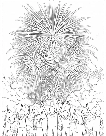 coloring page with detailed fireworks and silhouetted partygoers at a birthday celebration in black and white
