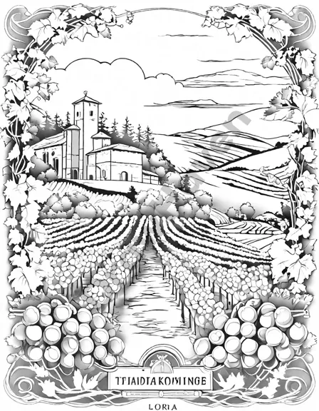 intricate winemaking coloring page depicting the transformation of grapes into liquid gold, showcasing the art and passion of the craft in black and white