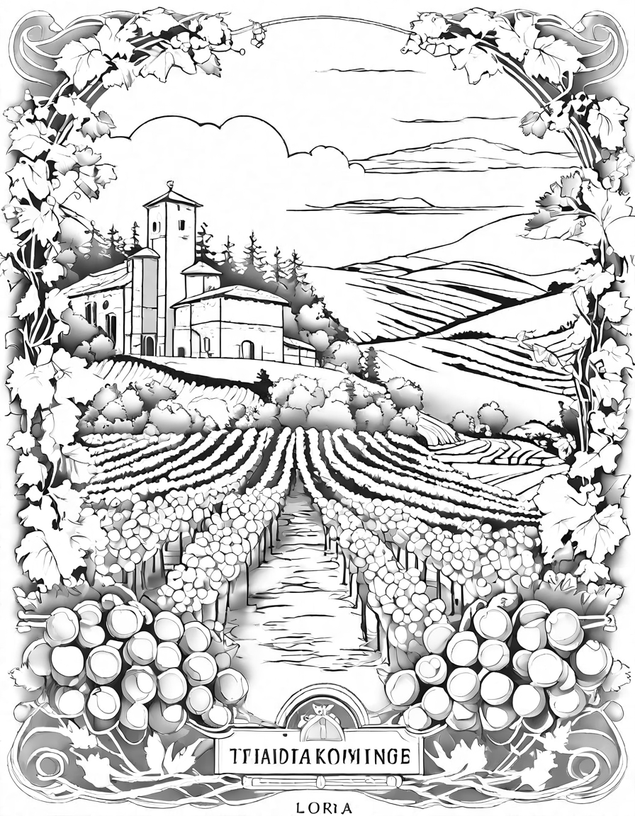 intricate winemaking coloring page depicting the transformation of grapes into liquid gold, showcasing the art and passion of the craft in black and white