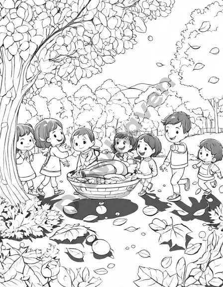 Coloring book image of family playing football in backyard with autumn leaves on thanksgiving day in black and white