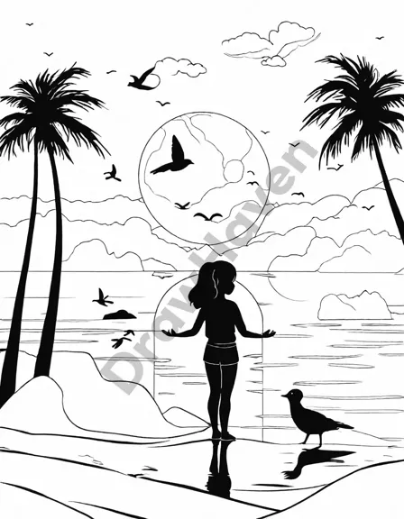 tranquil beach yoga scene with a figure in tree pose at sunset, waves, palm trees, and seagulls, perfect for coloring books in black and white
