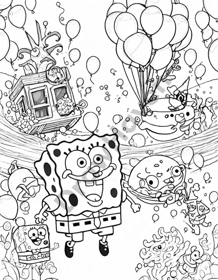 Coloring book image of spongebob squarepants and friends celebrate in vibrant bikini bottom party in black and white