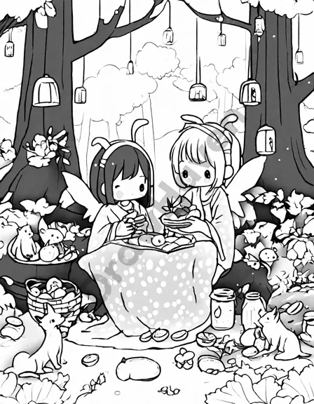 Coloring book image of enchanted forest picnic scene with fairies and mystical fruits under fairy lights in black and white