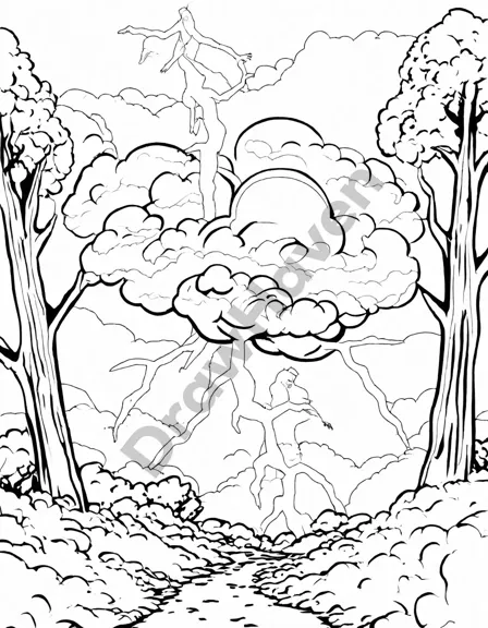 coloring page of a lightning bolt illuminating the sky during a nocturnal storm with trees and clouds in black and white