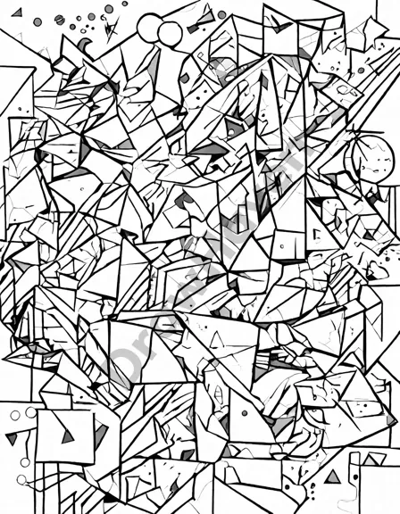 cubist coloring book page of abstract, geometric figures with bold lines in black and white