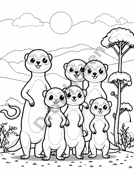 family of meerkats on lookout hill coloring page, set in the african savannah in black and white