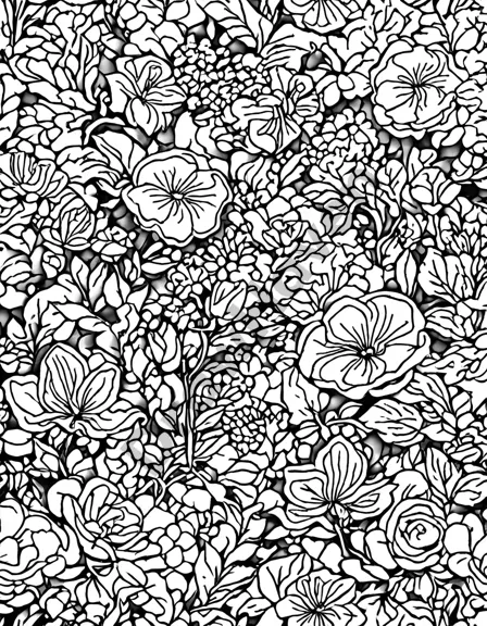 floral design featuring vibrant flowers, vines, and leaves in a lush garden, ideal for relaxing coloring sessions in black and white