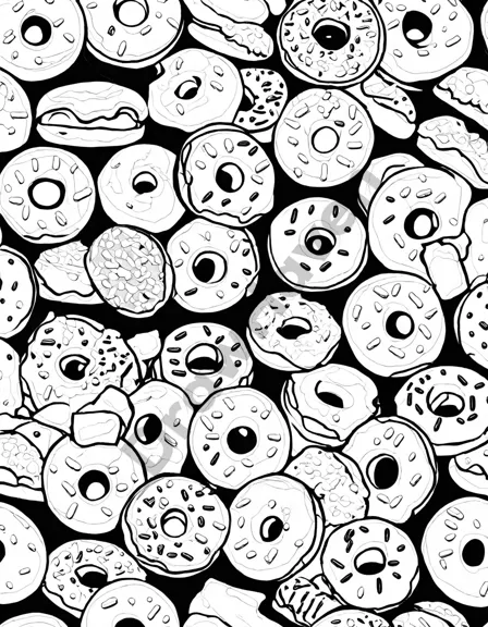 whimsical coloring page with adorable donuts adorned with frosting, sprinkles, and toppings in black and white