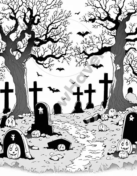 coloring book illustration of a spooky graveyard at twilight with shadowy figures and a misty path in black and white