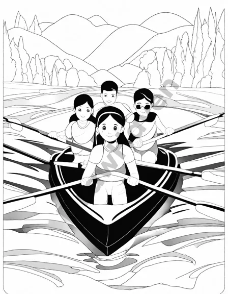 coloring page of two rowing teams competing on a river, highlighting teamwork and determination in black and white