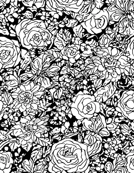 blooming delights: a floral fantasy coloring book, intricately designed with roses, orchids, and daisies for a relaxing and creative experience in black and white
