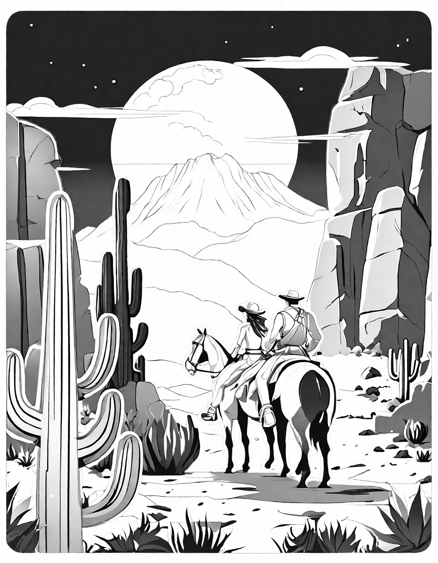 coloring book page of a cowboy and cowgirl exploring a mine entrance in the wild west in black and white
