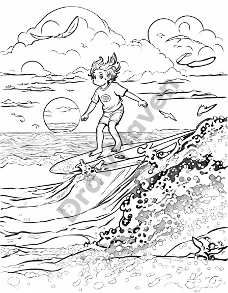Coloring book image of group of surfers riding waves at sunrise, showcasing dynamic poses on colorful boards in black and white