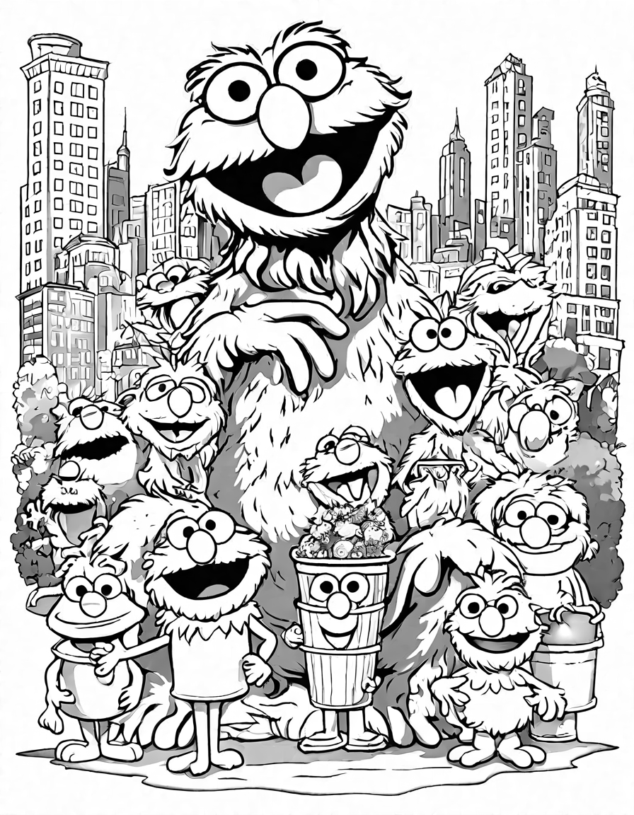 whimsical coloring page featuring oscar the grouch's trash can, playful puppets, and iconic sesame street characters in black and white