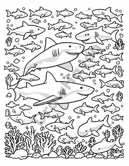 coloring book page featuring various sharks and marine life in a complex underwater scene in black and white