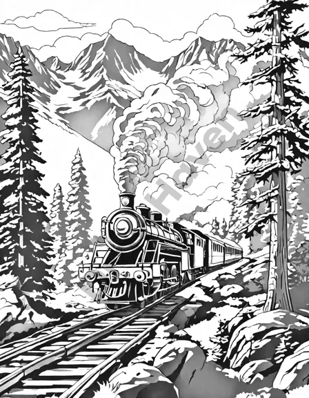coloring book image of steam engines in the rocky mountains with wildlife and snow-capped peaks in black and white