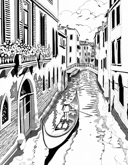 coloring page of gondolas in venice with historic buildings on the sides in black and white
