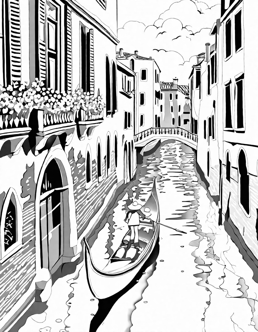 coloring page of gondolas in venice with historic buildings on the sides in black and white