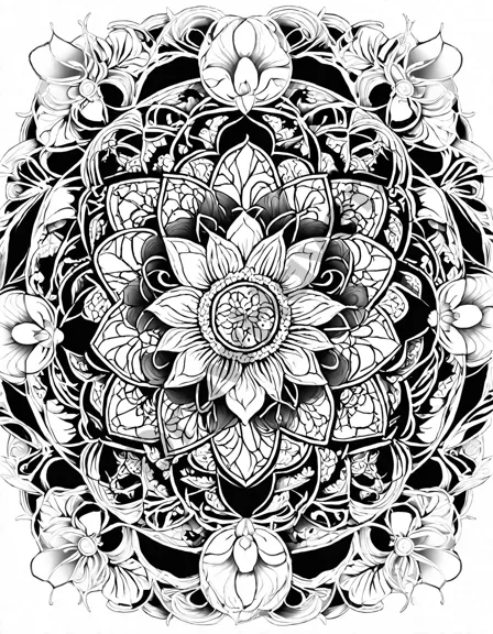 Coloring book image of sacred geometry in bloom mandala featuring symmetrical patterns and floral designs in black and white