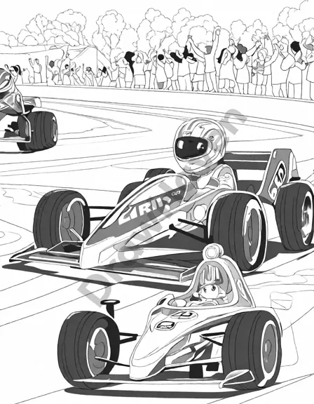 dynamic formula racing coloring book image with cars on track and cheering crowd in black and white