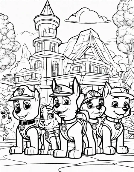 Coloring book image of captivating book page depicts the bustling town of adventure bay from the paw patrol tv show in black and white