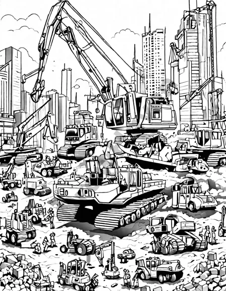 coloring book page featuring construction vehicles and a rising skyscraper, titled the symphony of construction in black and white