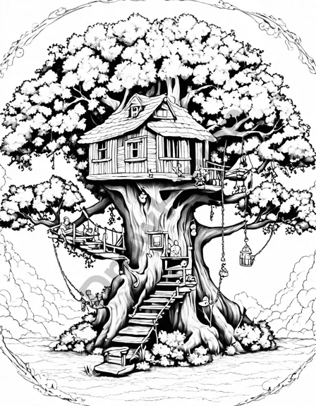 Coloring book image of mysterious treehouse in an oak tree with rope ladders and hidden treasures in black and white
