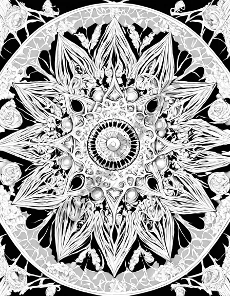 fractal coloring book image with intricate geometric patterns - a visual spectacle weaving triangles, circles, and squares in black and white