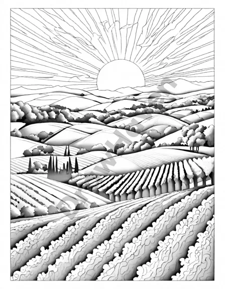 Coloring book image of peaceful autumn vineyard sunset with vibrant hues, rolling hills, and fiery sky in black and white