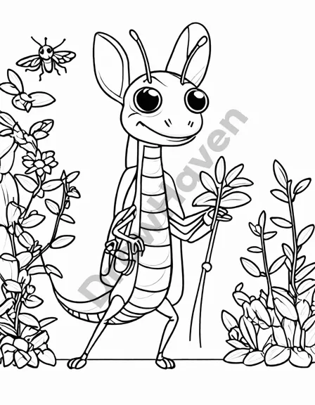 coloring book page of a camouflaged praying mantis hunting in a lush garden in black and white