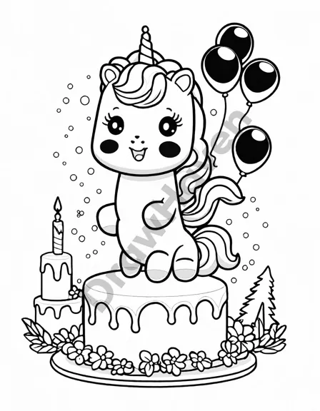 coloring page of a unicorn birthday party with a chocolate waterfall in unicorn land in black and white